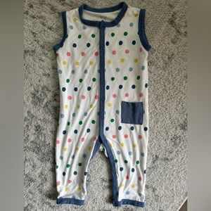 Kyte Baby sleeveless romper in spring polka dots.